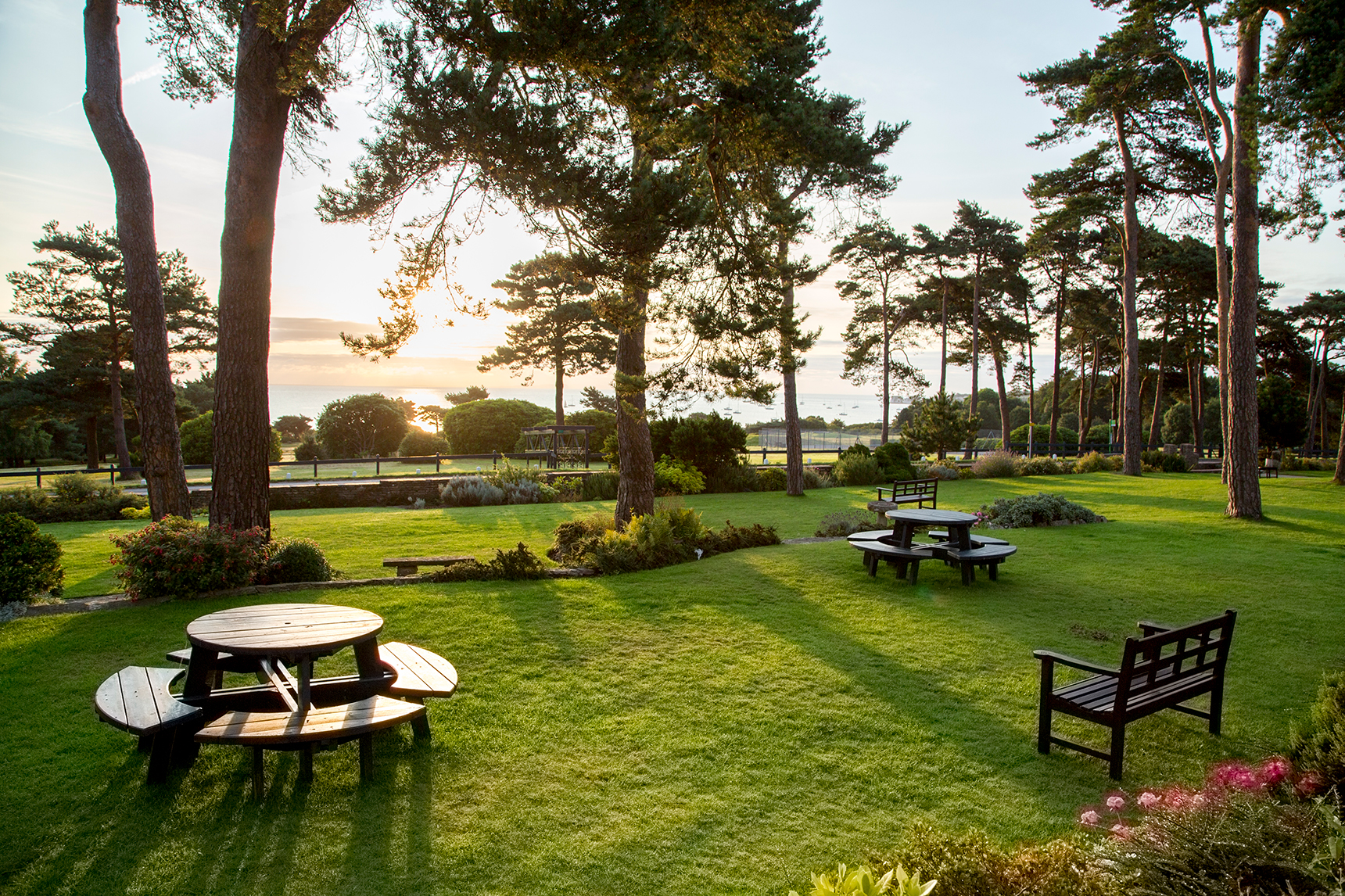 Hotel gardens with sea views across Studland Bay